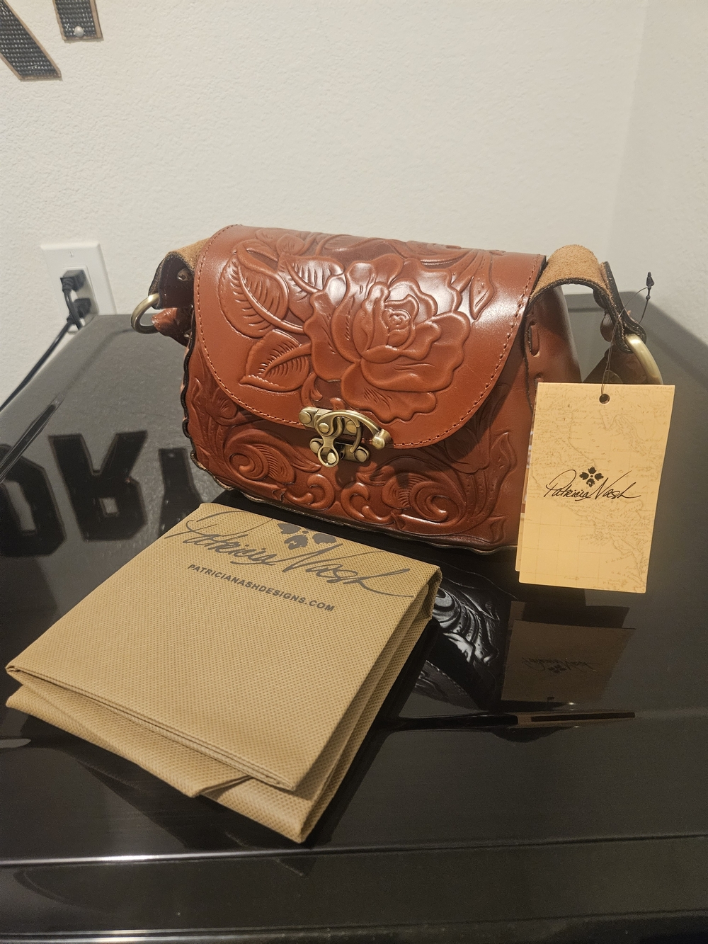 Patricia Nash Hand-Tooled Floral Leather Crossbody - Chestnut Brown # 957
